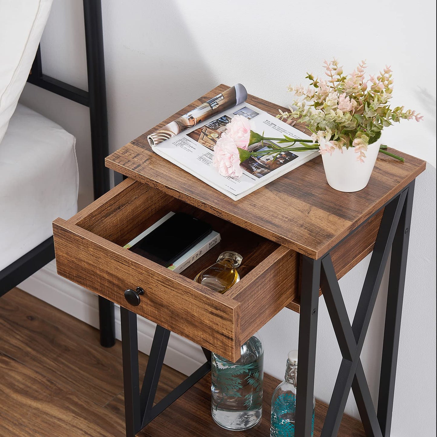 VECELO Tall End Side Tables,27 Inch Night Stand with U-Shape Basket and Storage Drawer/Shelf for Living Room/Bedroom/Small Spaces,Set of 2,Brown