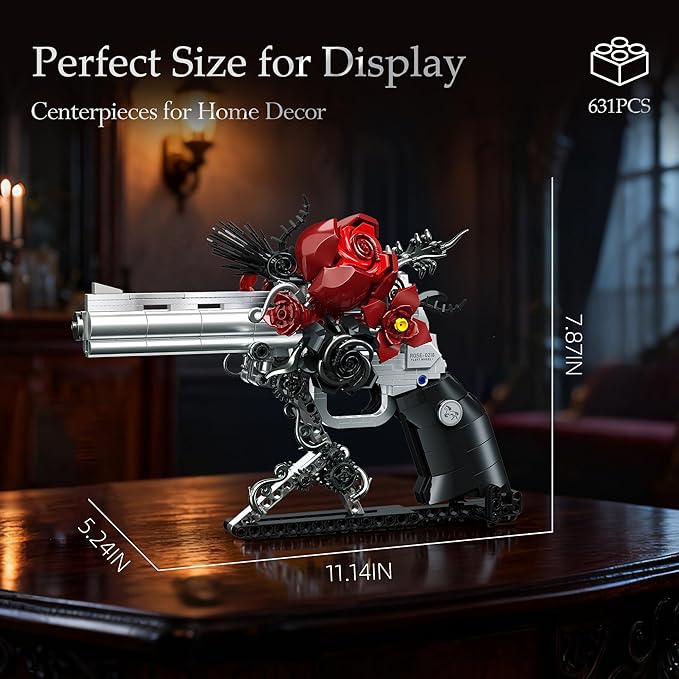 Gothic Rose Revolver Building Kit - Dark Romantic Fusion of Blood-Red Roses Twisted Thorns & Industrial Gears Movable Barrel Cylinder & Trigger Gifts Collection for Gothic Art Devotees
