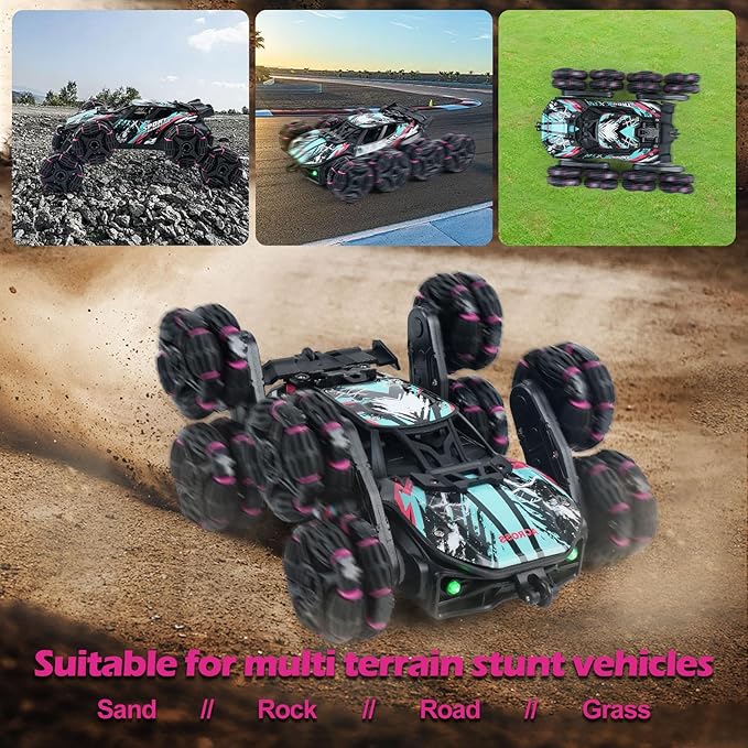 MagicKidz 8 Wheels Gesture Sensing Car for Kids Ages 5 6 7 8 9 10 11 12 - Birthday Gifts for Boys 5-7 8-12 Years Old 2.4GHz Off-Road Remote Control Stunt Toy with Spray & LED Lights 360-Degree F