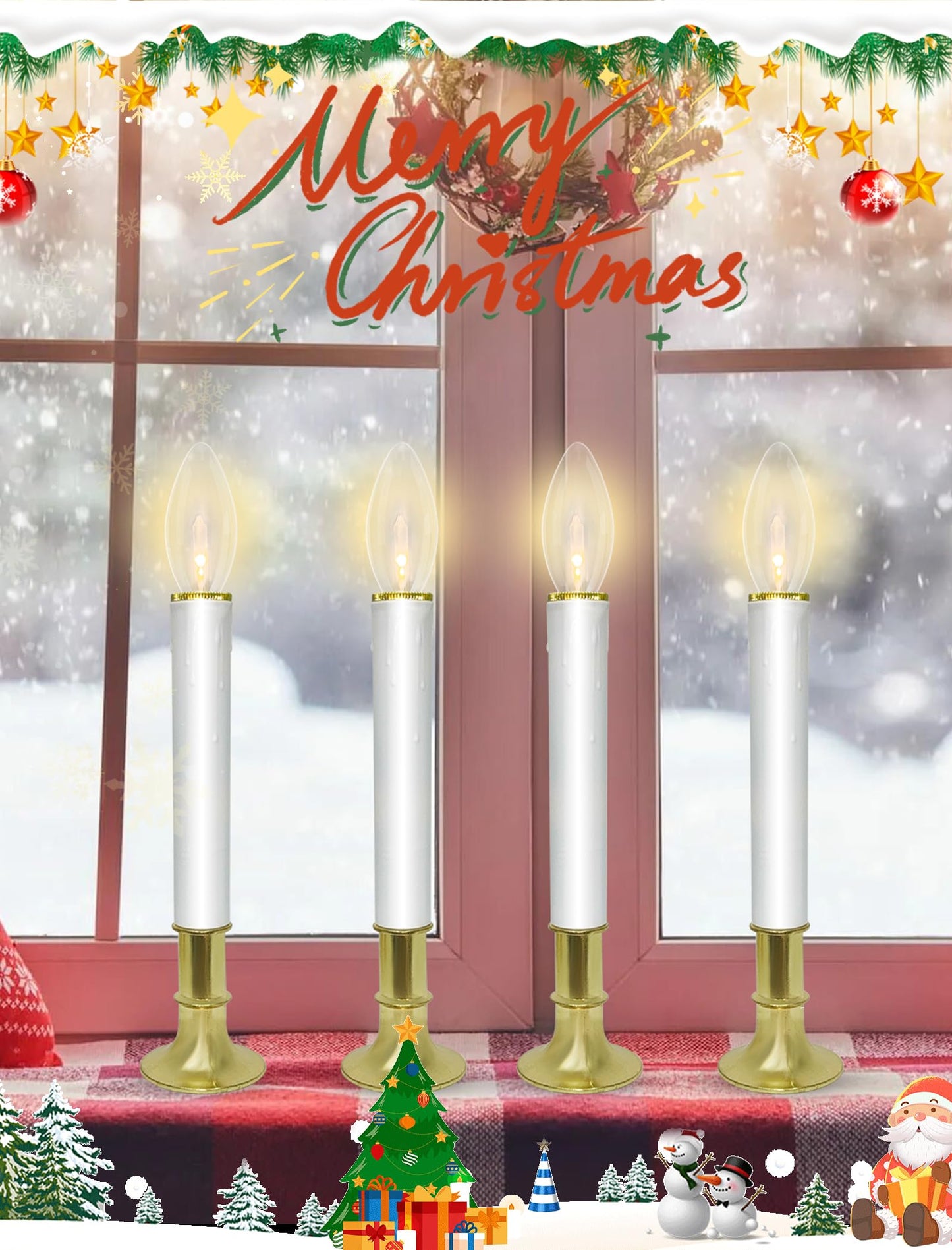 10 Pack Ultra-Bright LED Christmas Window Candles with Brass-Plated Base, Battery Operated Flameless Candles with LED C26 Warm White Bulbs Christmas Window Lights for Holiday Home Wedding Decorations