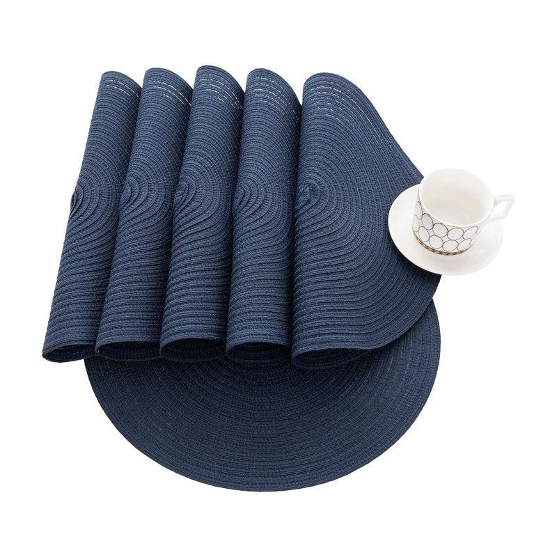 SHACOS Round Placemats Set of 6 Washable 15 inch Circle Polyester Woven Braided Place Mats for Dining Table Indoor Outdoor Table Mats Home Party Wedding Decor (Navy, 6)