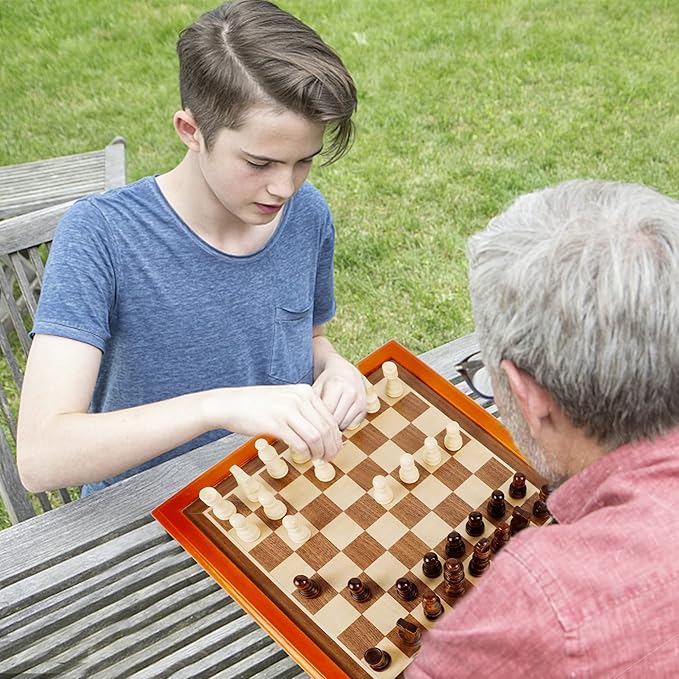 Juegoal 12-Inch Wooden Chess & Checkers Set with Storage Drawer Portable Board Games for Kids and Adults