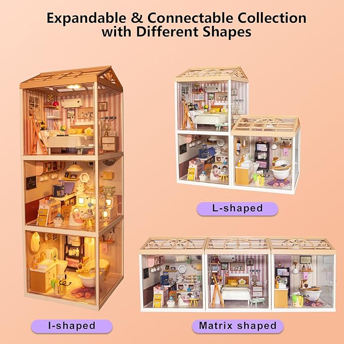 DIY Miniature House Kit with Roof & Dust Covers Creative Construction Toys with Light & Furniture for Mini Figures Christmas Decoration Gift for Teens Adults (Bathroom)