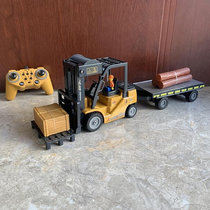 Remote Control Forklift with Flatbed Truck 11 Channel RC Forklifts with Spray Cool Lights & Sound 2 in 1 Lift Fork & Hook Crane Construction Toys for Boys Birthday Gift for Kids 3+