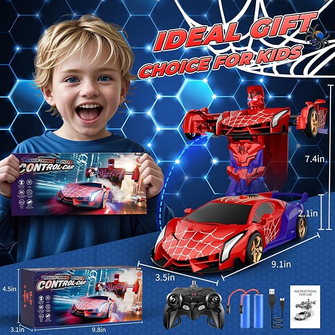 Spider Transform RC Cars Toys with Eye & Underbody Lights 2.4GHz Remote Control Car One-Button Deformation Fast 360°Rotation Robot Toys Birthday Gifts for 3 4 5 6 7 8 9 10 Year Old Boys Age 4-7