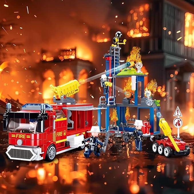 Sluban City Fire Training Set Fire Rescue Building Set with 4 Fireman Minifigures & Fire Truck Compatible with Lego City Fire Station Set Building Toys Gifts for Boys Aged 6-12 585 PCS