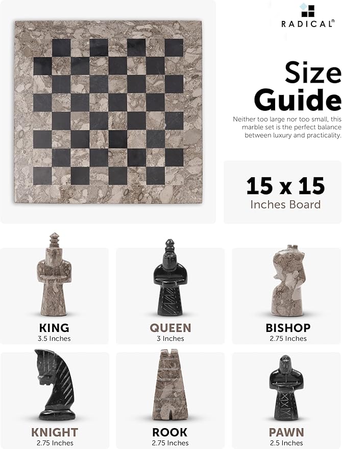 Radicaln Marble Antique Chess Set with Storage Box 15 Inches Oceanic and Black Handmade Board Game 2 Player Classic Chess Sets for Adults Board & 32 Chess Pieces