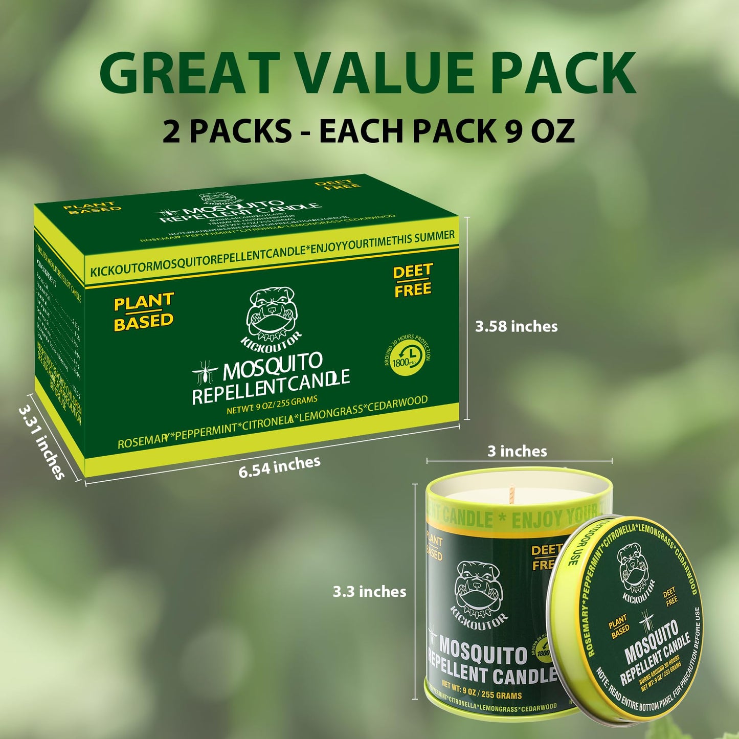 KICKOUTOR® Mosquito Repellent Citronella Candles Outdoor, 2-Pack | Total 18 Ounce 60-Hour DEET-Free Bug Protection for Patio Camping Picnic Backyard Room, Infused with 5 Plant Essential Oils