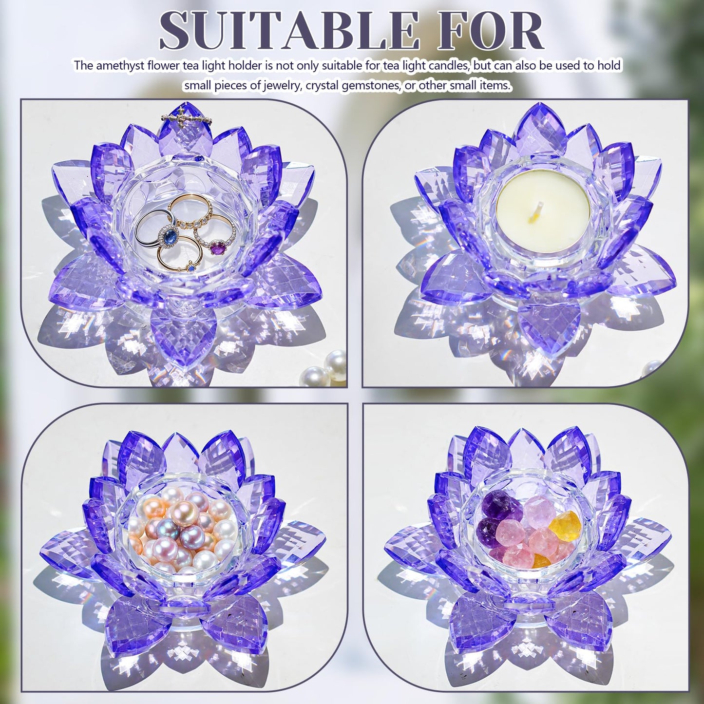 Kolnlala 1 Pc Purple Crystal Lotus Flower Tealight Candle Holder | Glass Votive Candlestick Decor for Home, Wedding, Party & Christmas Table Centerpieces