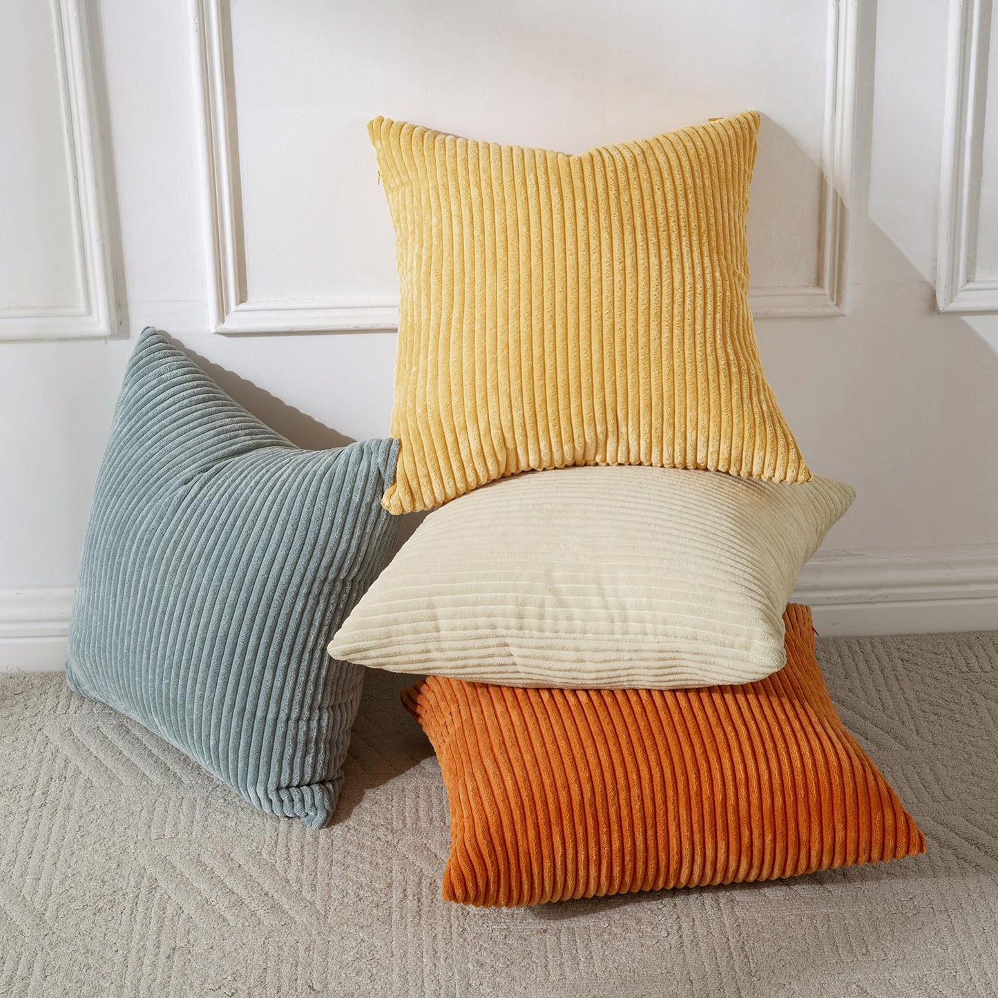 Volcanics Set of 4 Orange Teal Corduroy Decorative Couch Throw Pillow Covers 20x20 Inch, Modern Farmhouse Double-Sided Striped Cushion Cases, Soft Boho Square Accent Pillow Covers for Fall Home Decor
