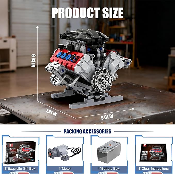 V8 Engine Building Set for Adults Build Your Own MOC Mini V8 Engine STEM Model Toy with Motor Model kit That Run Car Engine Building Blocks for Teens & Kids Boys (1189PCS)