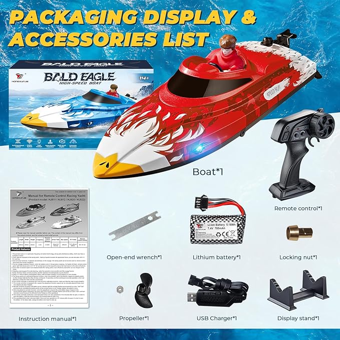 25KMH RC Remote Control Boat with LED Lights Self-Righting Low Battery Alert 2.4GHz with 800 mAh Lithium battery Waterproof Electric Fast Speed Boat for Pool & Lake Toy for Boys Girls Red