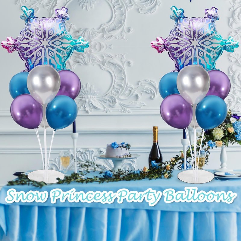Snow Birthday Party Balloons Stand Kit 2 Sets With Snowflake Foil Balloons for Winter Wonderland Girl Princess Birthday Party Themed Decorations - Balloon Centerpiece for Tables
