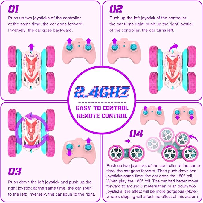 RC Stunt Cars Remote Control Car Double Sided 360° Flip Rotating 4WD 2.4Ghz Rechargeable Car Toy with Headlights For Outdoor & Indoor for 6-12 years old Kids Girls Boys Birthday Xmas Gift Pink