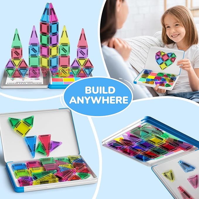 42PCS Mini Magnetic Tiles Travel Set with Iron Storage Box - Portable STEM Building Blocks for Kids 3-8 Montessori Educational Magnet Toys for Airplane Car Rides & On-The-Go Play