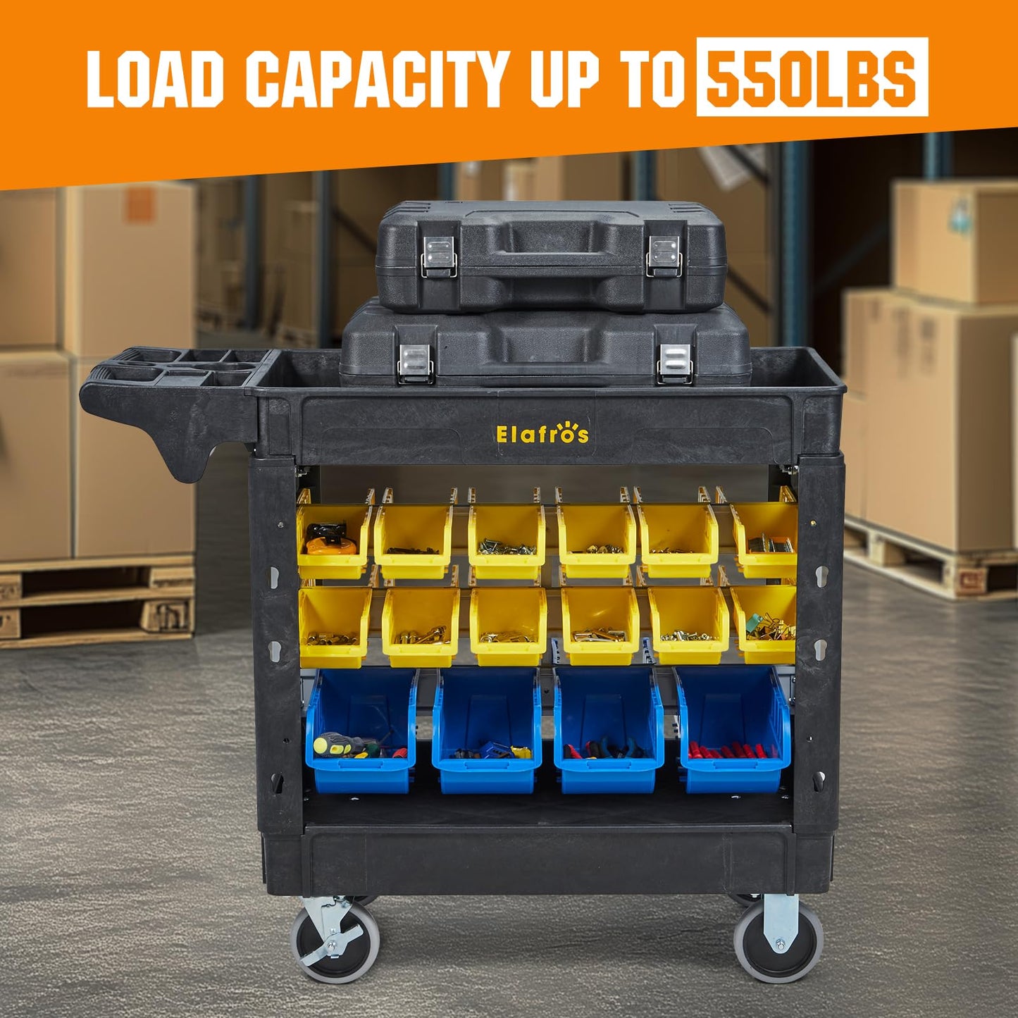 Elafros 2-Tier Utility Cart with 32 Storage Bins โ Heavy-Duty Rolling Service Cart with Deep Tub Shelves, Locking Wheels, 550 lbs Capacity, 40.7"x17", for Workshop, Garage, Office