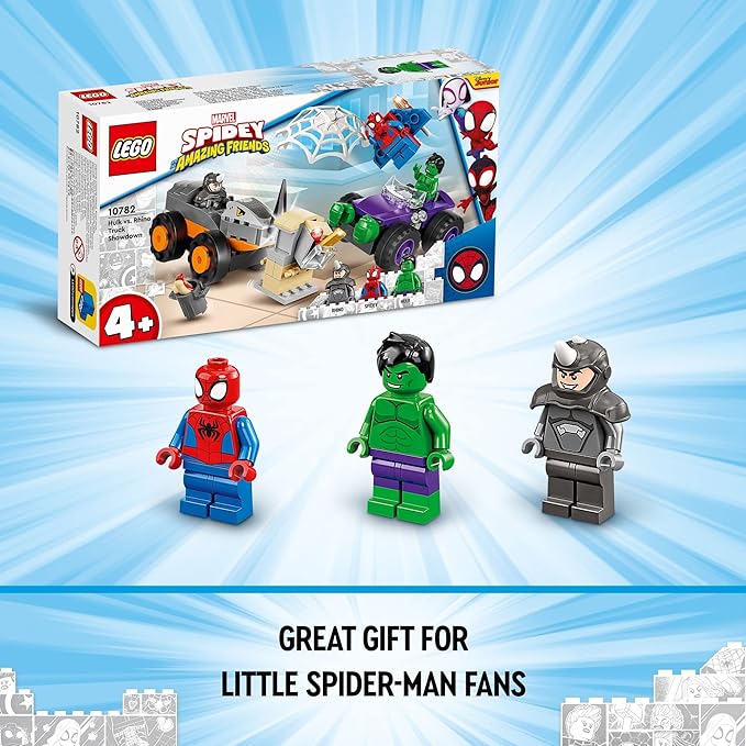 LEGO Marvel Hulk vs. Rhino Monster Truck Showdown Toy for Kids Boys & Girls Ages 4 and Up with Spider-Man Minifigure Inspired by The Spidey and His Amazing Friends Series 10782