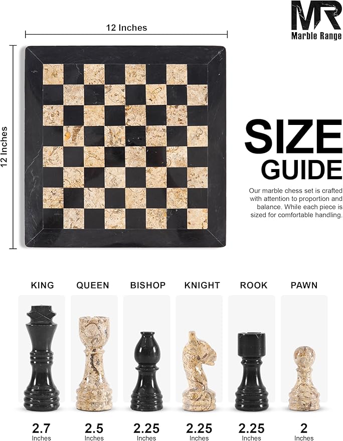 Marble Chess Set for Adults 12 Handmade Black & Coral Board Game with 32 Chess Pieces 2 Extra Queens & Storage Box Luxury Travel Game Elegant for Home Decor