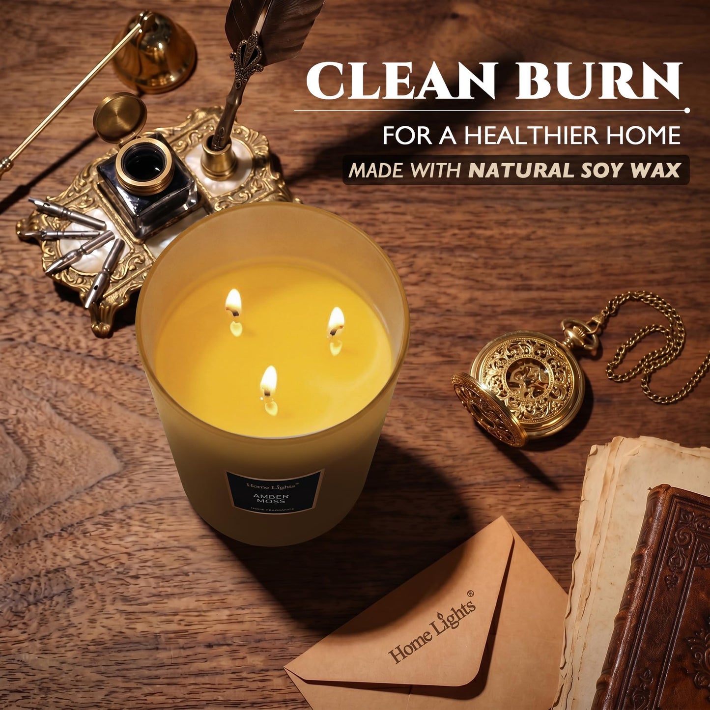 HomeLights Scented Candles - Large Jar Aromatherapy, Natural Soy Wax, 130 Hour Long Burning, Amber Moss