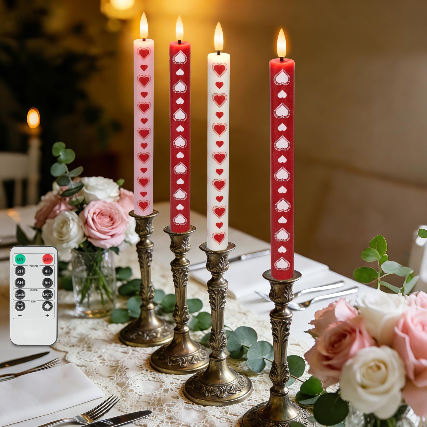 SEHNSY Valentines Day Candles Heart Flameless Taper Candles with Remote, Real Wax Battery Operated Candles,Romantic LED Candlesticks for Valentine Decor, Proposal Wedding & Dinner Table (4 Pack)