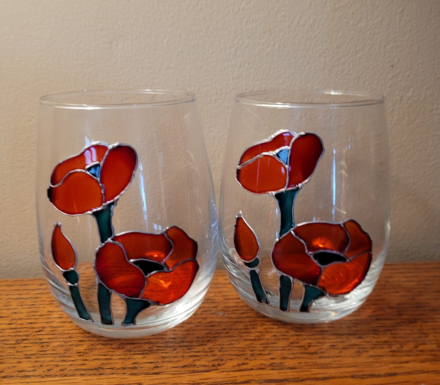 Red Poppy Flowers Hand Painted Stemless Wine Glasses Set 2