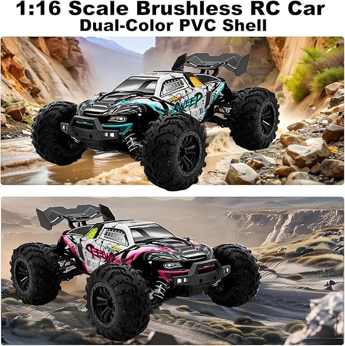 1:16 Scale Brushless RC Car for Adults 45+ MPH High Speed 4WD Waterproof Off-Road All-Terrain RC Truck with 2 Batteries & 2.4GHz Controller (1:16 Scale Brushless)