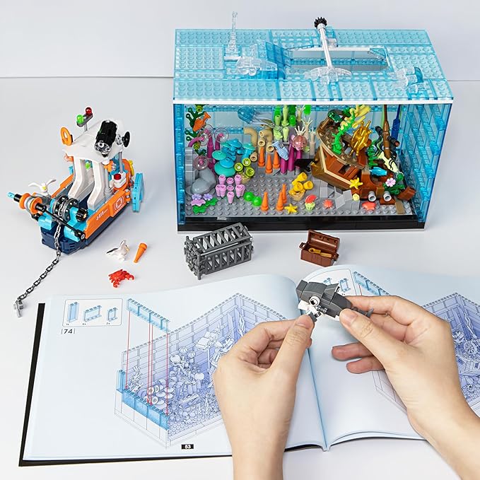 Fish Tank Building Blocks Set - 830PCS Ocean Treasure Hunt Building Set with Adventure Boat Shark Jellyfish & Coral Reef STEM Toys Birthday Christmas Building Blocks Gift Idea