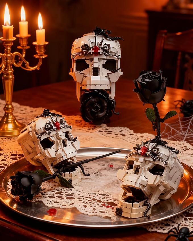 Skull Black Rose Flower Building Set 3 in 1 Gothic Horror Decor Botanical Artificial Flowers Collection Toys Ideal Home Office Decoration & Christmas Valentine's Day Gifts for Adults Women