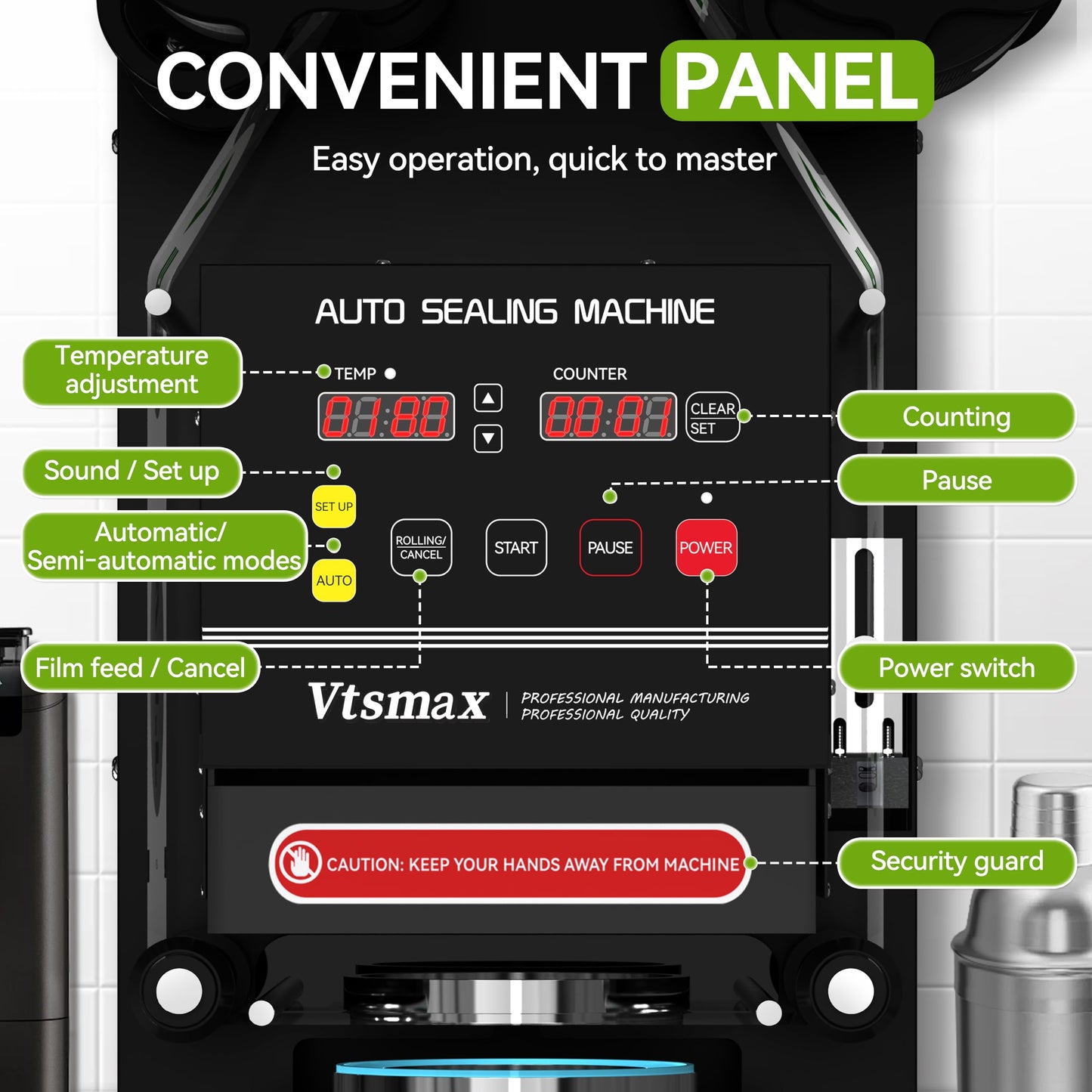 Vtsmax Automatic Cup Sealing Machine 90/95mm, 500-700 Cups/H Electric Cup Sealer with Counting LCD Panel for Bubble Tea, Milk, Juice, Coffee and Boba Shop etc. (Black)