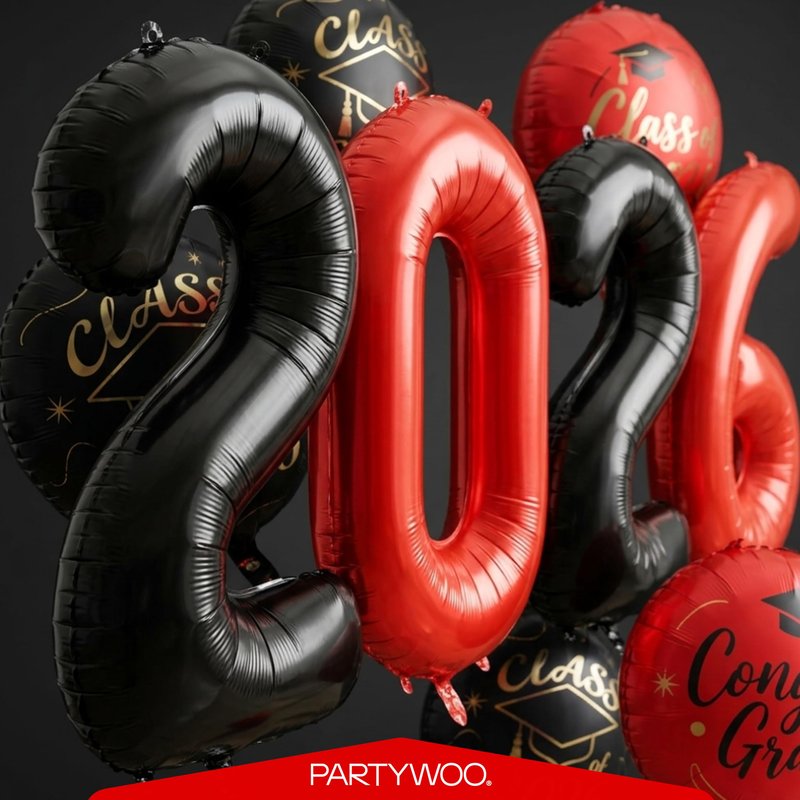 PartyWoo Graduation Balloons Class of 2026 Black Red Gold 12pcs Balloons 40 Inch 2026 Foil Number Balloons 18 Inch Congrats Grad Mylar Balloons for Black Red Graduation Decorations Party Supplies