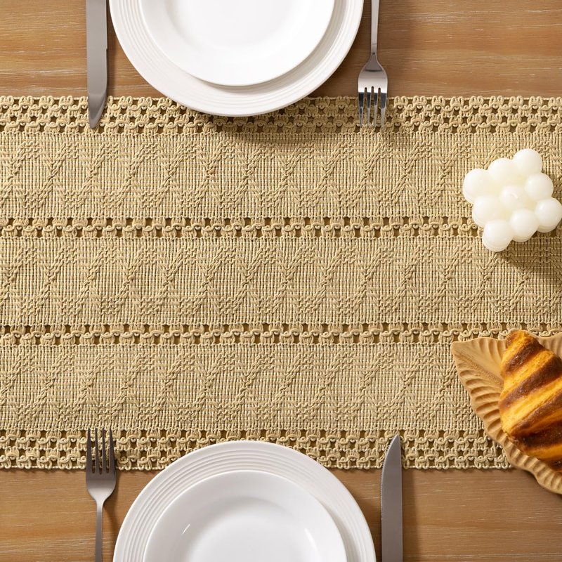 Socomi Boho Table Runner Macrame Summer Farmhouse Woven Cotton Linen Rustic Coffee Table Runner with Tassels for Dresser Scarf Home Decor Dining Room 12x90 inch Champagne