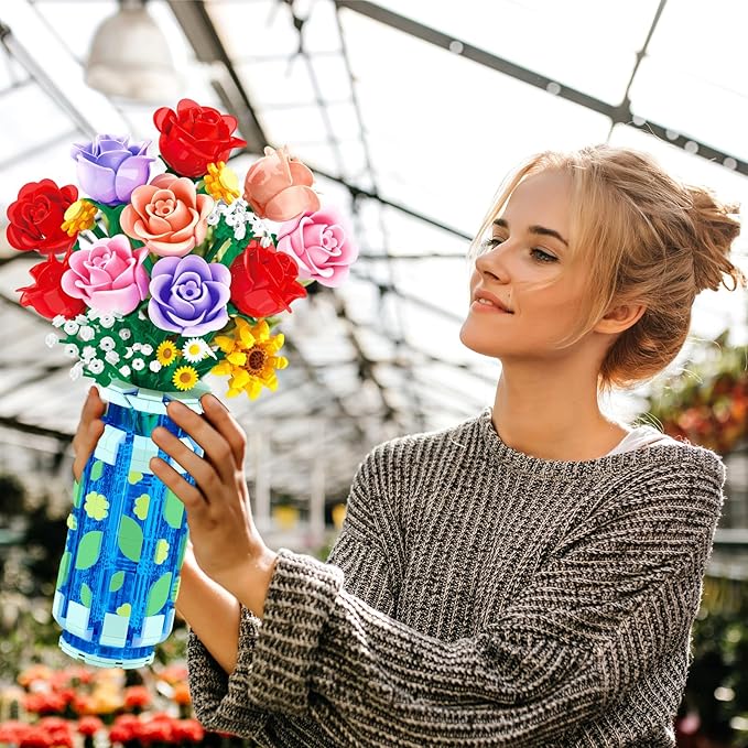 Roses Flowers Building Set with Vase & LED Light Easter/Birthday Day Gift for Her/Him 16 Mini Flowers Bouquet Building Blocks Toy Artificial Flowers for Home Office Decor & Display