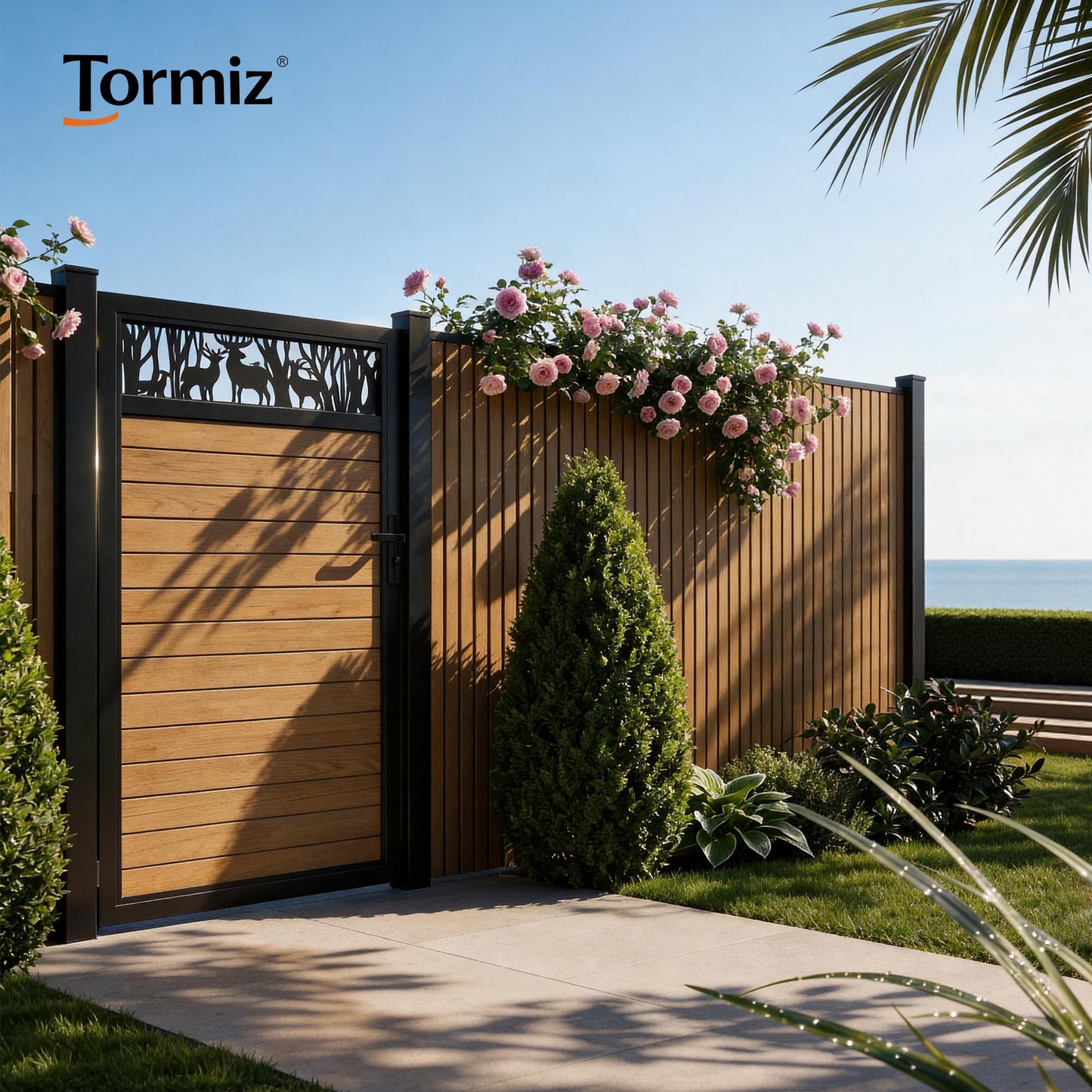TORMIZ 4x6 FT (46.8"x70.8") All-Aluminum Fence Gate Kit with Wood-Grain Panels – Heavy Duty Anti-Sag Metal Gate Frame, Pre-Installed Left/Right Mount (All-in-One Kit, Panels Included)