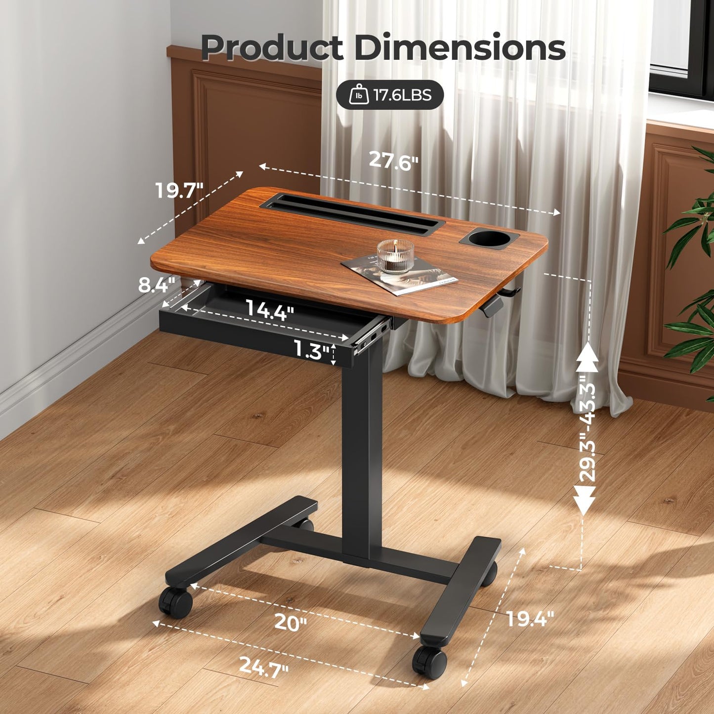 JYLH JOYSEEKER Mobile Standing Desk with Drawer, 28" Rolling Desk with Cup Holder and Hooks, Portable Laptop Workstation on Wheels, Height Adjustable Cart with Storage for Home Office, Dark Wood