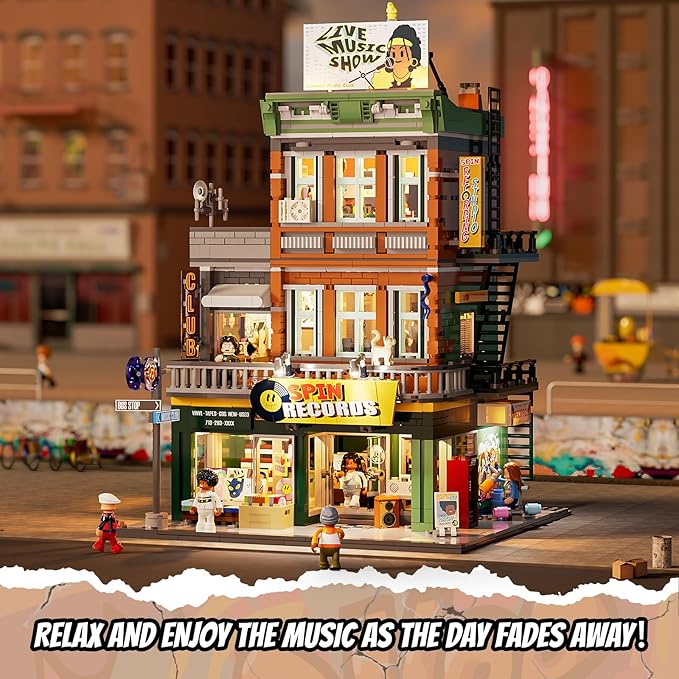 Record Store Lighting Building Bricks Set - Street Fusion City Town Audio Shop Multi-Form Modular Collection Kit 1980 Pcs for Adults & Teen & Music Lovers