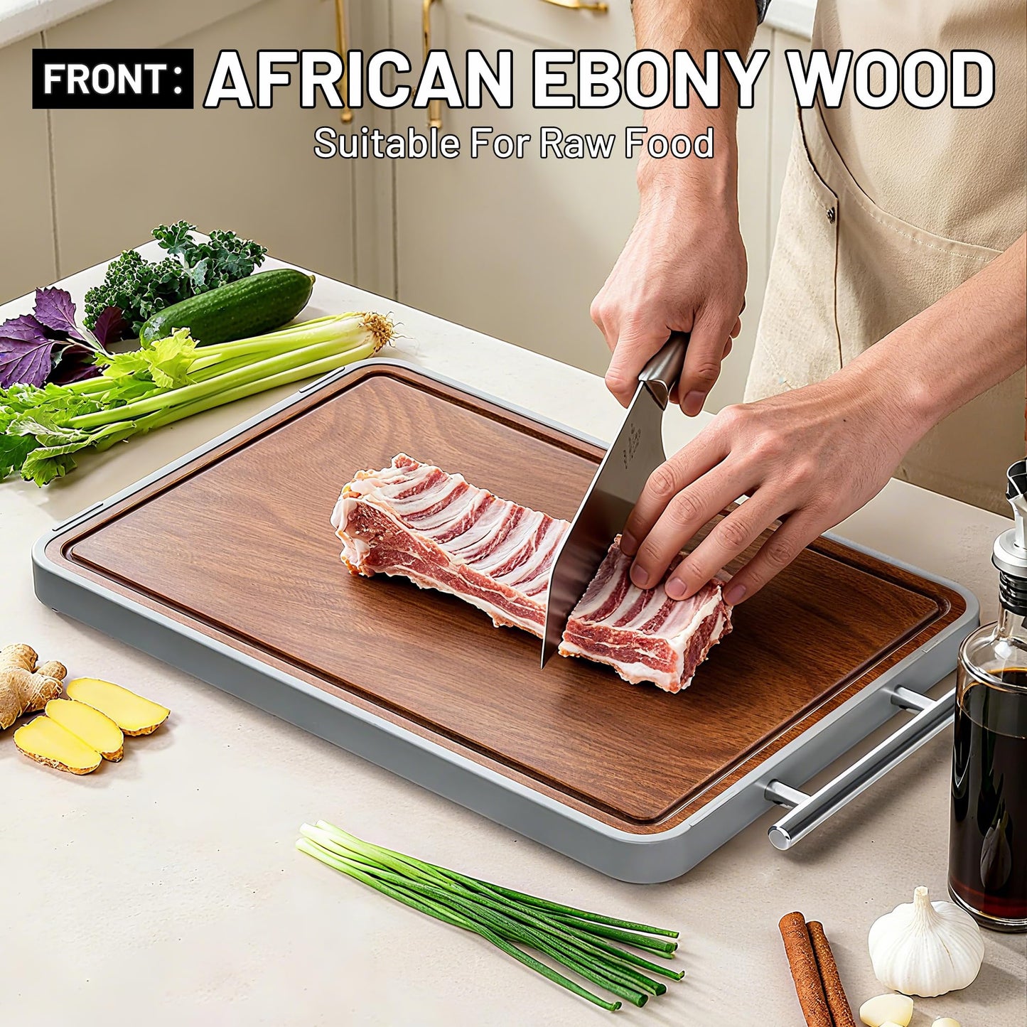 Titanium Cutting Boards For Kitchen,Ebony Wood Cutting Board,Double Sided Metal Chopping Board With Handle And Juice Groove, Idea Kitchen Appliances For Meat And Charcuterie