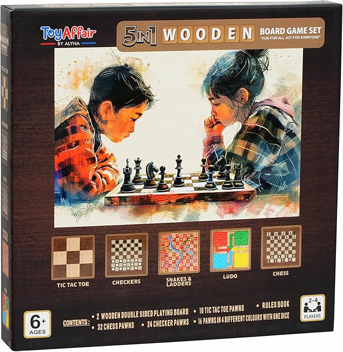 Ankit Toys & Games 5-in-1 Wooden Board Game Set Includes Ludo Snakes & Ladders Chess Checkers and Tic Tac Toe. Portable Fun for Kids Adults and Family Game Nights | 2 Reversible Boards