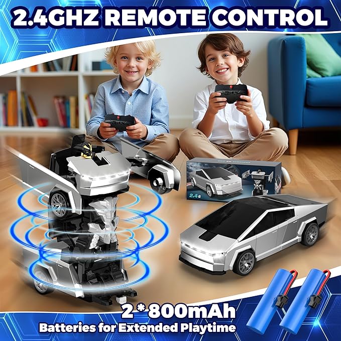 Transform RC Cyber Pickup Truck Cars Robot Toy for Kids 2.4GHz Remote Control Car with One-Button Deformation 360° Rotation LED Lights Valentine's Day Birthday Gifts for Boys Age 4-7-8-12(1:18 Scale)