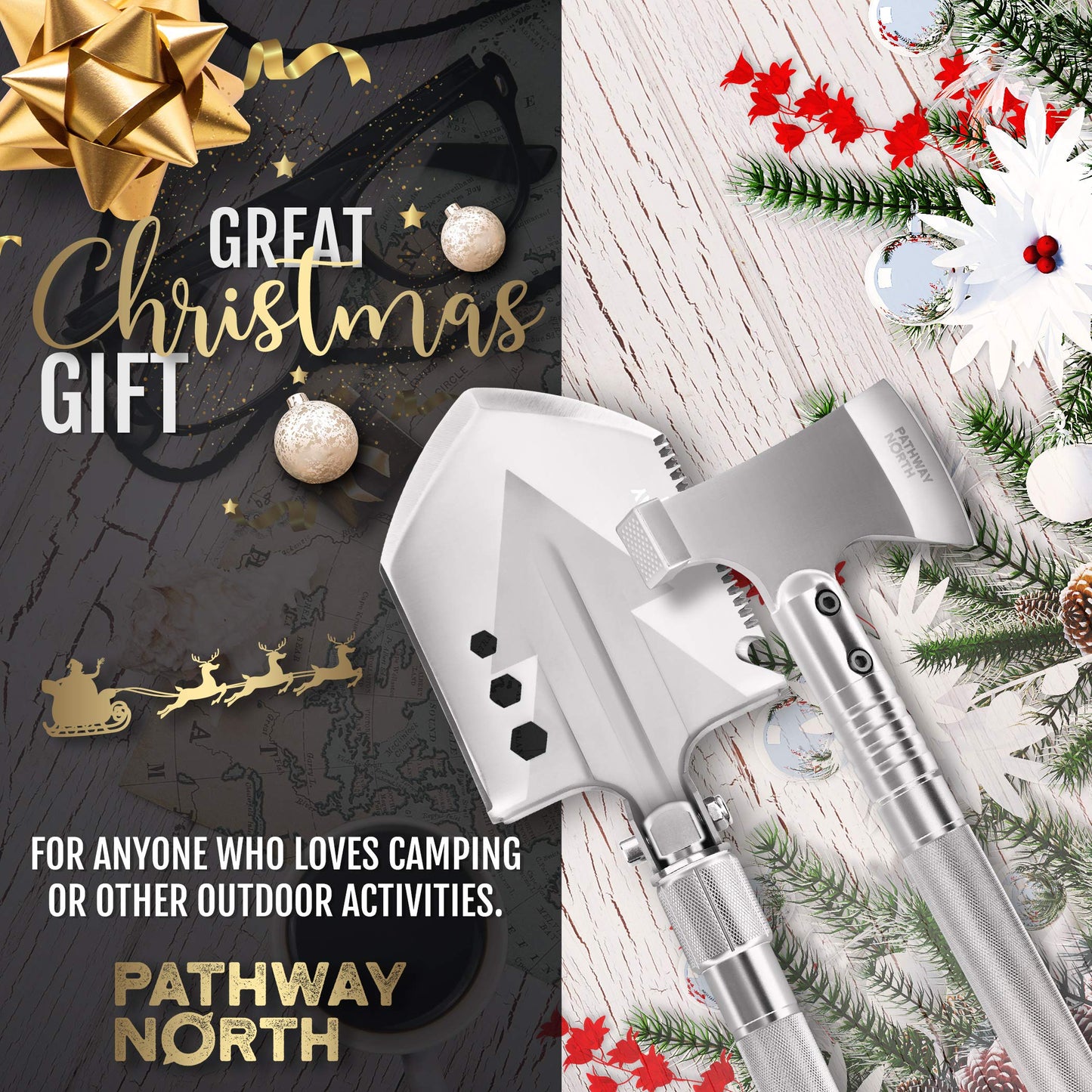PATHWAY NORTH Survival Shovel and Camping Axe โ Stainless Steel Tactical Survival Multi-Tool and Survival Hatchet Equipment for Outdoor Hiking Camping Gear, Hunting, Backpacking Emergency Kit(Silver)