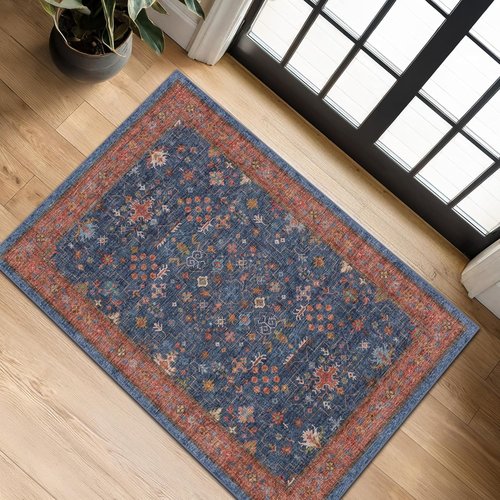 Hazo Haus Washable 2x4 Entry Rug - Non-Slip Rubber Backed for Indoor Use | Perfect for Farmhouse & Boho Décor (Navy Blue)