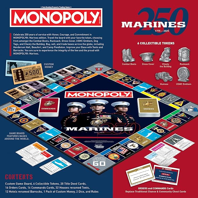 Monopoly: Marines 250th Anniversary Edition Celebrate 250 Years Buy Bases Worldwide and Upgrade with Tents & Barracks Play as Tokens: Combat Boots Bulldog & More Officially Licensed Merc