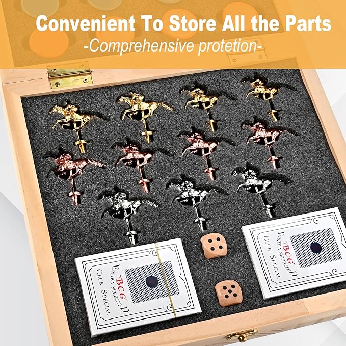 Horse Racing Board Game Foldable Wood Horse Race Game with 11 Metal Horses 2 Dice 2 Decks of Cards and 120Pcs Chips for Friends Adults Family Party Game Night