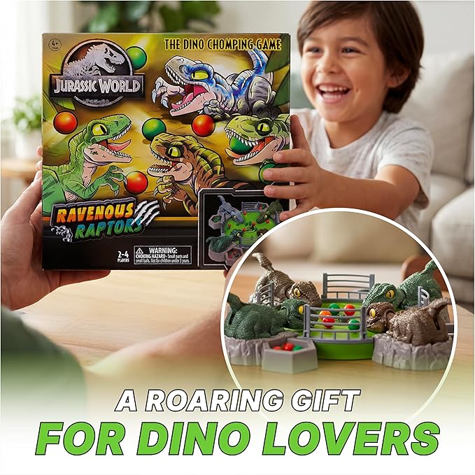 Jurassic World Ravenous Raptors Board Game– Dino Chomping Board Games for Kids Interactive Dinosaur Game w/Snack Balls Play Arena & Raptors Easy Play Durable Design for Kids Ages 4+