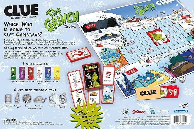 CLUE: The Grinch Classic Mystery Board Game Solve the Holiday Theft in Whoville with Cindy-Lou & More Discover Who Where and What was Taken Officially Licensed Dr. Seuss Merchandise