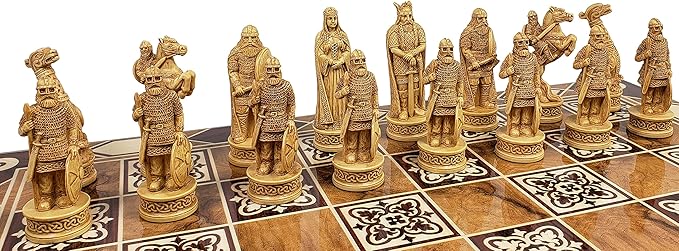 Antique Ivory & Brown Norse Viking Chess Set with 17 Burlwood Color Board