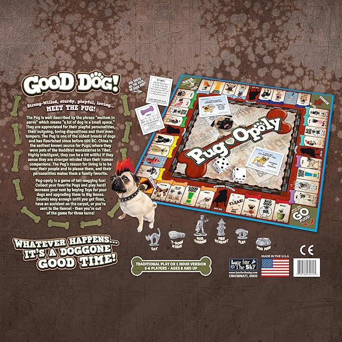 Late for The Sky Pug-Opoly Dog Board Game for Families & Adults – Pug Lovers Property Trading Game 2–6 Players Ages 8+ One-Hour or Full Play Fun Party Gift for Dog Owners
