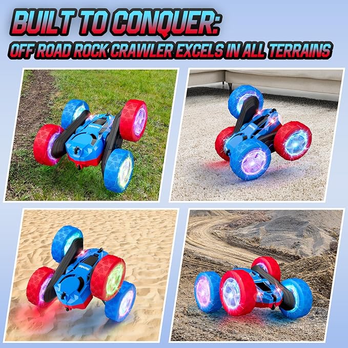 Remote Control RC Car for Kids 6-12 High-Speed 4WD Stunt Car with LED Lights & 360° Rotation 2.4GHz Off-Road Vehicle Toy with Rechargeable Battery Cool Valentines and Birthday Gift for Boys