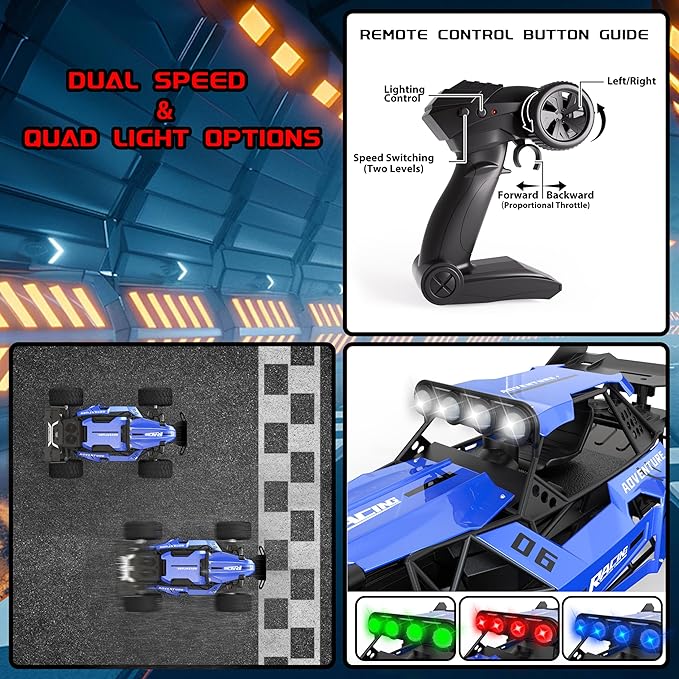 RC Monster Truck for Kids Ages 4–8 1:12 Remote Control Car with Alloy Shell 15.5 MPH (25KM/H) Fast Off Road Blue RC Car with 2 Speed Modes & LED Lights 2.4GHz Easy Control Toy Gift for Boys