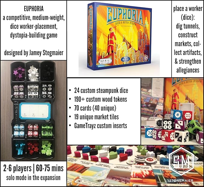 Stonemaier Games: Euphoria: Build a Better Dystopia (Base Game) by Jamey Stegmaier & Alan Stone | Competitive Dice Worker Placement Strategy Board Game for Adults & Family | 2-6 Players 60 Mi