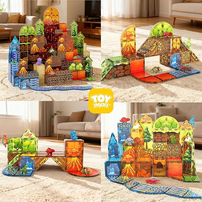 TOY Life 79PCS Magnetic Tiles Dinosaur Toys Set Magnet Building Blocks Lava Dino World for Kids Ages 3-5 Jungle Animals Construction Toys for Toddlers 4-8 STEM Educational Gift for Boys & Girls